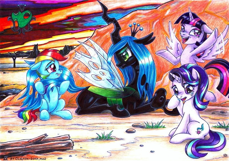 Size: 1280x904 | Tagged: source needed, useless source url, safe, artist:olgfox, derpibooru import, queen chrysalis, rainbow dash, starlight glimmer, twilight sparkle, twilight sparkle (alicorn), alicorn, changeling, changeling queen, pegasus, pony, unicorn, crying, desert, eye contact, female, looking at each other, prone, traditional art