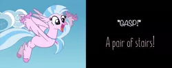 Size: 998x399 | Tagged: artist:mlp-silver-quill, classical hippogriff, comic, comic:pinkie pie says goodnight, cropped, cute, derpibooru import, diastreamies, edit, edited screencap, editor:silverstreamfan999, hippogriff, looking at something, safe, school daze, screencap, silverstream, smiling, solo, spoilers for another series, spread arms, spread wings, stairs, that hippogriff sure does love stairs, wings