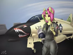 Size: 3200x2400 | Tagged: aircraft, airforce, anthro, artist:catd-nsfw, clothes, derpibooru import, f-4 phantom, oc, oc:mollydv, peace sign, pegasus, pilot, safe, smiling, solo, uniform