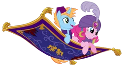 Size: 900x502 | Tagged: aladdin, alicorn, alicorn oc, artist:boneswolbach, derpibooru import, duo, flying, flying carpet, horn, oc, oc:harmony star, pinkie pie, safe, simple background, transparent background, turban, wings