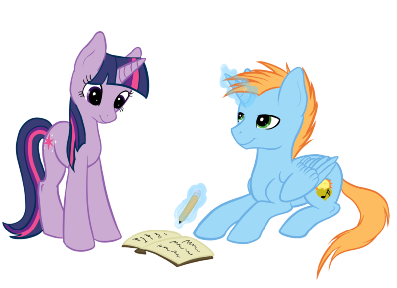 Size: 900x654 | Tagged: safe, artist:dragon-rider596, derpibooru import, twilight sparkle, oc, oc:harmony star, alicorn, unicorn, alicorn oc, book, canon x oc, female, horn, levitation, magic, male, pencil, shipping, simple background, stallion, straight, telekinesis, transparent background, twimony, unicorn twilight, wings