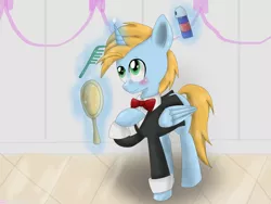 Size: 900x675 | Tagged: alicorn, alicorn oc, artist:silbersternenlicht, bowtie, clothes, comb, derpibooru import, hand mirror, horn, levitation, magic, male, mirror, oc, oc:harmony star, safe, solo, stallion, suit, telekinesis, unofficial characters only, wings