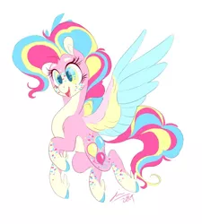 Size: 900x1000 | Tagged: safe, artist:creeate97, derpibooru import, pinkie pie, pegasus, pony, leak, spoiler:g5, colored wings, female, g5, happy, heterochromia, mare, multicolored hair, multicolored mane, multicolored tail, pegasus pinkie pie, pinkie pie (g5), race swap, simple background, solo, white background, wings