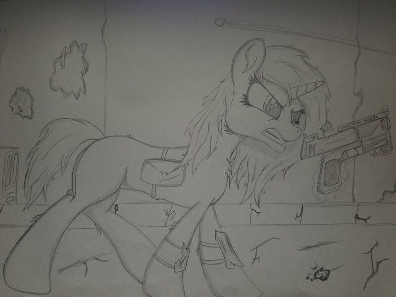 Size: 2016x1512 | Tagged: safe, artist:straighttothepointstudio, derpibooru import, oc, oc:enmity, pony, unicorn, fallout equestria, 10mm pistol, angry, building, bullet, bullet casing, cracks, female, gun, handgun, leg guards, long hair, long mane, mare, pistol, road, satchel, short tail, sidewalk, solo, traditional art, weapon