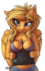 Size: 1720x2728 | Tagged: suggestive, artist:pony-way, derpibooru import, oc, oc:lightly breeze, unofficial characters only, anthro, pegasus, absolute cleavage, anthro oc, between breasts, bra, breasts, cleavage, clothes, ear fluff, female, looking at you, mare, midriff, pen, simple background, solo, solo female, stylus, tablet, tongue out, transparent background, underwear, wacom stylus, wacom tablet, white outline, wings