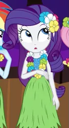 Size: 299x555 | Tagged: safe, derpibooru import, screencap, fluttershy, rainbow dash, rarity, equestria girls, shake your tail, cropped, cute, flower, flower in hair, hularity, offscreen character, raribetes