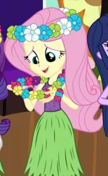 Size: 346x563 | Tagged: safe, derpibooru import, screencap, fluttershy, rarity, twilight sparkle, equestria girls, shake your tail, cropped, cute, hula, hulashy, shyabetes