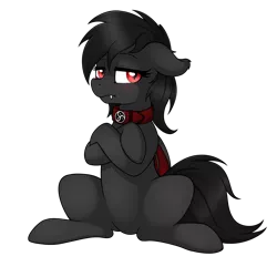 Size: 2400x2400 | Tagged: safe, artist:ratofdrawn, derpibooru import, oc, oc:qetesh, unofficial characters only, bat pony, pony, 2020 community collab, derpibooru community collaboration, collar, crossed arms, female, mare, simple background, sitting, solo, transparent background