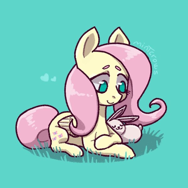 Size: 1000x1000 | Tagged: safe, artist:mintcrowss, derpibooru import, fluttershy, pegasus, pony, rabbit, animal, blue background, cute, eyes closed, female, folded wings, heart, mare, no pupils, prone, shyabetes, simple background, smiling, solo, three quarter view, wings