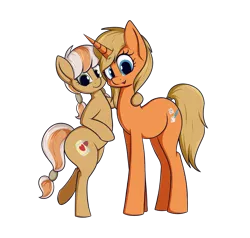 Size: 2269x2160 | Tagged: safe, artist:andelai, derpibooru import, oc, oc:memory match, oc:wine barrel, earth pony, pony, unicorn, 2020 community collab, derpibooru community collaboration, cute, cutie mark, female, hug, mother and child, mother and daughter, simple background, size difference, transparent background