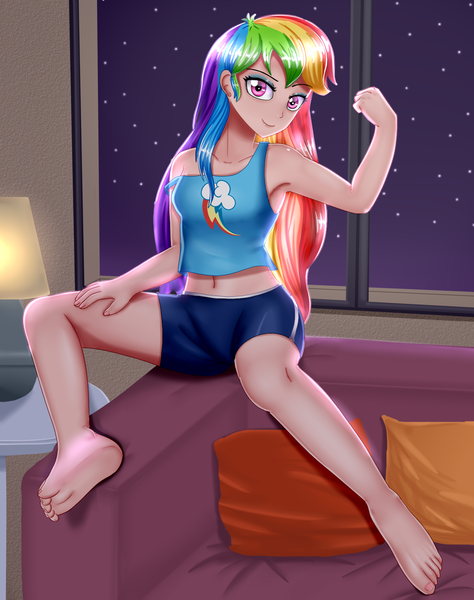 Size: 1500x1900 | Tagged: safe, alternate version, artist:focusb, derpibooru import, edit, rainbow dash, human, equestria girls, armpits, barefoot, beautiful, belly button, clothes, compression shorts, couch, cute, cutie mark, cutie mark on clothes, feet, female, flexing, gym shorts, hand on thigh, human coloration, lamp, legs, looking at you, midriff, night, off shoulder, pillow, sexy, shorts, sitting, solo, stupid sexy rainbow dash, table, tanktop, window