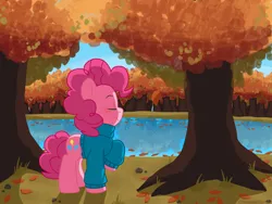 Size: 1400x1050 | Tagged: safe, artist:otakunekojosei, derpibooru import, pinkie pie, earth pony, pony, autumn, clothes, cute, diapinkes, eyes closed, female, forest, lake, leaves, mare, nature, outdoors, pond, profile, raised hoof, river, smiling, solo, sweater, tree, turtleneck, water