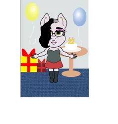 Size: 1367x1435 | Tagged: safe, artist:madamesaccharine, derpibooru import, oc, oc:puzzling insanity, anthro, earth pony, pony, balloon, birthday, birthday cake, boots, cake, candle, chubby, clothes, cute, eyeliner, eyeshadow, fangs, female, food, glasses, goth, industrial piercing, lip piercing, makeup, nose piercing, piercing, pouty lips, present, shoes, sidecut, skirt, sleeveless, smiling, solo
