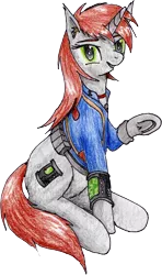 Size: 1514x2562 | Tagged: safe, artist:40kponyguy, derpibooru import, edit, editor:ciaran, oc, oc:littlepip, unofficial characters only, pony, unicorn, 2020 community collab, derpibooru community collaboration, fallout equestria, fanfic, clothes, ear fluff, fanfic art, female, grin, hooves, horn, looking at you, mare, pipbuck, raised hoof, simple background, sitting, smiling, solo, traditional art, transparent background, underhoof, vault suit