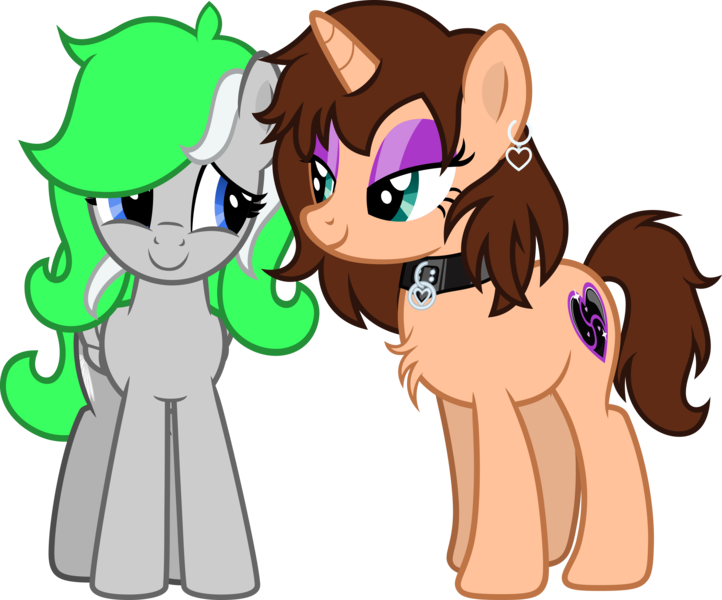 Size: 3611x3000 | Tagged: safe, artist:applec1234, deleted from derpibooru, derpibooru import, oc, oc:chloe adore, oc:feather touch, unofficial characters only, pegasus, unicorn, 2020 community collab, derpibooru community collaboration, chest fluff, choker, eyeshadow, female, looking at each other, makeup, show accurate, simple background, transparent background, vector