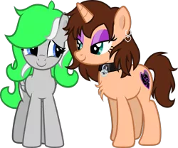 Size: 3611x3000 | Tagged: safe, artist:applec1234, deleted from derpibooru, derpibooru import, oc, oc:chloe adore, oc:feather touch, unofficial characters only, pegasus, unicorn, 2020 community collab, derpibooru community collaboration, chest fluff, choker, eyeshadow, female, looking at each other, makeup, show accurate, simple background, transparent background, vector