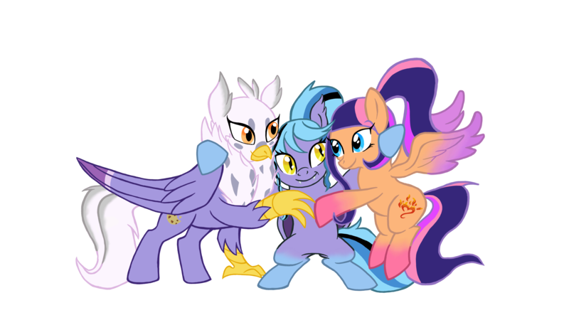 Size: 3840x2160 | Tagged: safe, artist:mjangelvortex, derpibooru import, oc, oc:flare blitz, oc:gerbera, oc:nightwatch, unofficial characters only, bat pony, classical hippogriff, hippogriff, pegasus, pony, 2020 community collab, derpibooru community collaboration, bangs, bat pony oc, bat wings, colored wings, digital art, fangs, female, folded wings, gift art, gradient hooves, gradient wings, group hug, hippogriff oc, hug, mare, missing cutie mark, no pupils, pegasus oc, ponytail, simple background, socks (coat marking), spread wings, transparent background, wings