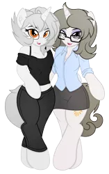 Size: 2377x3780 | Tagged: safe, artist:digiqrow, derpibooru import, oc, oc:solaria, oc:sunlight/sunny, unofficial characters only, semi-anthro, unicorn, 2020 community collab, derpibooru community collaboration, blouse, chest fluff, clothes, glasses, midriff, pants, simple background, skirt, transparent background