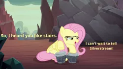 Size: 747x421 | Tagged: safe, derpibooru import, edit, edited screencap, screencap, fluttershy, pegasus, pony, sweet and smoky, bongos, caption, female, flutterstream is not happening, implied flutterstream, implied garble, implied silverstream, implied stairs, looking at someone, mare, meme, narrowed eyes, solo, text edit, that pony sure does love silverstream's stairs
