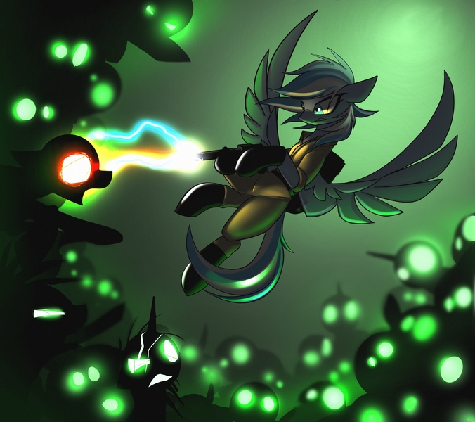 Size: 4800x4261 | Tagged: safe, artist:fenixdust, derpibooru import, oc, oc:falling skies, ghost, pegasus, pony, undead, clothes, female, flying, ghostbusters, mare, proton pack