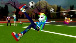 Size: 1280x720 | Tagged: safe, artist:migueruchan, derpibooru import, derpy hooves, rainbow dash, human, equestria girls, equestria girls series, 3d, ball, barely eqg related, cheering, crossover, football, gmod, kicking, nintendo, soccer field, sports, super mario bros., waluigi, wario