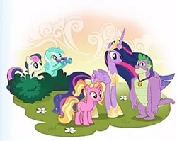 Size: 476x379 | Tagged: safe, derpibooru import, screencap, bon bon, luster dawn, lyra heartstrings, princess twilight 2.0, spike, sweetie drops, twilight sparkle, twilight sparkle (alicorn), alicorn, dragon, earth pony, pony, unicorn, the last problem, binoculars, cropped, gameloft, gigachad spike, older, older spike, older twilight, winged spike