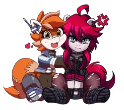 Size: 4500x4000 | Tagged: 2020 community collab, angry, artist:ciderpunk, artist:pabbley, clothes, cyberpunk, derpibooru community collaboration, derpibooru import, fishnets, grumpy, happy, hugging a pony, jacket, looking at you, oc, oc:ciderpunk, oc:pandy cyoot, safe, shoes, simple background, socks, stockings, thigh highs, torn clothes, torn socks, transparent background, unofficial characters only