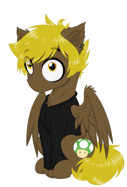 Size: 2039x3000 | Tagged: safe, artist:darkest-lunar-flower, derpibooru import, oc, oc:bricomaniaco, unofficial characters only, pegasus, pony, 2020 community collab, derpibooru community collaboration, clothes, ear piercing, earring, eye clipping through hair, hoodie, jewelry, looking at you, male, piercing, simple background, sitting, smiling, solo, stallion, transparent background