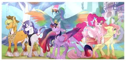 Size: 3636x1753 | Tagged: safe, artist:loladotz, derpibooru import, applejack, fluttershy, pinkie pie, rainbow dash, rarity, twilight sparkle, twilight sparkle (alicorn), alicorn, classical unicorn, unicorn, the last problem, alternate design, cloven hooves, colored wings, group shot, image, leonine tail, mane six, older, older applejack, older fluttershy, older mane six, older pinkie pie, older rainbow dash, older rarity, older twilight, png, redesign, school of friendship, twilight's castle, twitterina design, unshorn fetlocks, wings