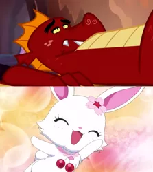 Size: 1012x1136 | Tagged: animal, artist:mega-poneo, comic, crossover, derpibooru import, dragon, edit, edited screencap, eyes closed, female, garble, gauntlet of fire, happy, jewelpet, male, meme, rabbit, ruby (jewelpet), safe, sanrio, screencap, screencap comic, sega, waving