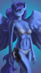 Size: 1080x1920 | Tagged: anthro, artist:xxkrutoy, belly button, blue background, bra, breasts, clothes, derpibooru import, female, looking at you, panties, princess luna, simple background, smiling, solo, solo female, spread wings, suggestive, underwear, white underwear, wings