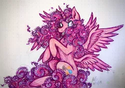 Size: 2174x1535 | Tagged: alicorn, alicornified, artist:pyro-millie, cutie mark, derpibooru import, ethereal mane, grin, multiple wings, pinkiecorn, pinkie pie, race swap, raised hoof, redesign, safe, seraph, seraphicorn, smiling, solo, spread wings, the ending of the end, traditional art, wings, xk-class end-of-the-world scenario