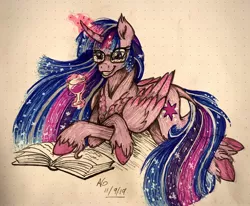 Size: 2048x1686 | Tagged: safe, artist:pyro-millie, derpibooru import, princess twilight 2.0, twilight sparkle, twilight sparkle (alicorn), alicorn, pony, the last problem, alcohol, book, chest fluff, colored hooves, curved horn, cutie mark, ethereal mane, female, glass, glasses, glowing horn, grin, horn, magic, mare, prone, reading, redesign, smiling, solo, starry mane, telekinesis, traditional art, unshorn fetlocks, wine