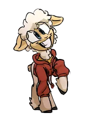 Size: 1296x1828 | Tagged: 2020 community collab, artist:jimmyjamno1, clothes, derpibooru community collaboration, derpibooru import, hoodie, oc, oc:jimmyjam, safe, sheep, simple background, smiling, solo, transparent background, unofficial characters only