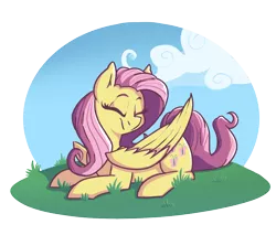 Size: 992x846 | Tagged: safe, alternate version, artist:modularpon, artist:themodpony, deleted from derpibooru, derpibooru import, fluttershy, pegasus, pony, cute, eyes closed, female, head turn, mare, outdoors, prone, shyabetes, simple background, smiling, solo, three quarter view, transparent background, wings