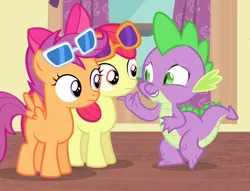 Size: 1100x840 | Tagged: safe, derpibooru import, screencap, apple bloom, scootaloo, spike, dragon, earth pony, pegasus, pony, for whom the sweetie belle toils, claws, comforting, cropped, female, filly, foal, kindness, lifting chin, slit eyes, smiling, sunglasses, trio