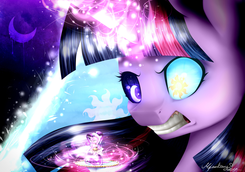 Size: 1024x718 | Tagged: safe, artist:creativecocoacookie, derpibooru import, starlight glimmer, twilight sparkle, twilight sparkle (alicorn), alicorn, pony, unicorn, a royal problem, abstract background, angry, ballerina, clothes, cowering, cutie mark eyes, dream, duo, eyes closed, female, floppy ears, glimmerina, glowing horn, gritted teeth, horn, macro, magic, mare, nightmare, scene interpretation, tutu, wingding eyes