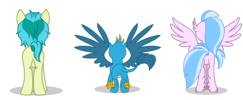 Size: 1019x420 | Tagged: safe, artist:twilight-twinkle, derpibooru import, gallus, sandbar, silverstream, classical hippogriff, gryphon, hippogriff, pony, butt, female, gallass, high quality, male, plot, rear view, sandbutt, simple background, size difference, size error, streambutt, white background