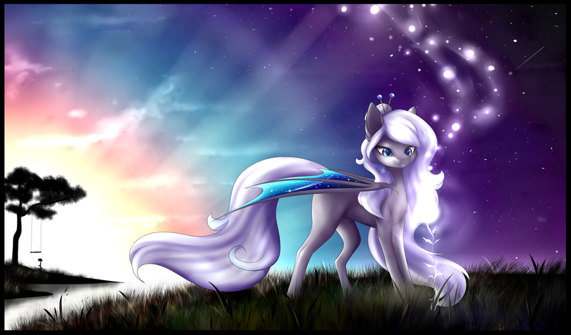 Size: 3193x1877 | Tagged: safe, artist:creativecocoacookie, derpibooru import, oc, unofficial characters only, bat pony, pony, art trade, bat pony oc, bat wings, female, flower, hairpin, mare, smiling, solo, starry wings, stars, swing, twilight (astronomy), wings