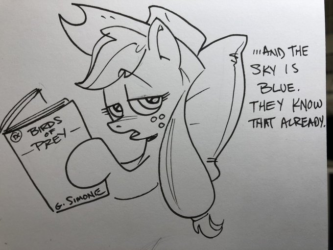 Size: 680x510 | Tagged: safe, artist:andypriceart, derpibooru import, applejack, earth pony, pony, birds of prey, black and white, comic (object), dc comics, female, gail simone, grayscale, mare, monochrome, pillow, reading