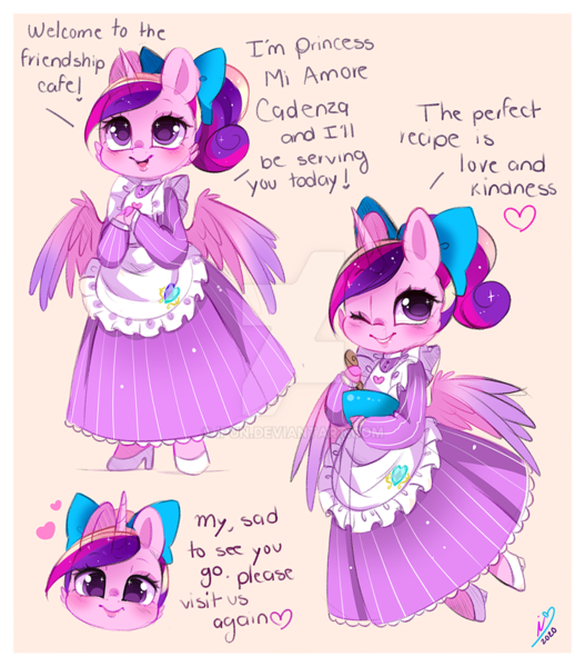 Size: 900x1025 | Tagged: alicorn, anthro, arm hooves, artist:ipun, bow, bowl, cheek fluff, chibi, clothes, cute, cutedance, derpibooru import, deviantart watermark, dialogue, dress, female, friendship cafe, hair bow, maid, mare, obtrusive watermark, one eye closed, ponytail, princess cadance, safe, simple background, solo, teen princess cadance, unguligrade anthro, watermark, wink