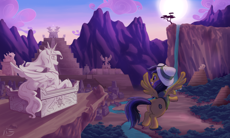 Size: 3000x1800 | Tagged: safe, artist:lordvaltasar, derpibooru import, daring do, alicorn, pegasus, pony, alicorn city, ancient civilization, flying, moon, moonlight, pyramid, river, ruins, solo, statue, temple, ziggurat