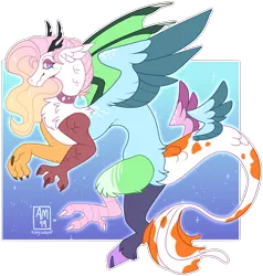 Size: 1024x1076 | Tagged: artist:kittyisawolf, choker, derpibooru import, draconequus, draconequus oc, female, gradient mane, hybrid, interspecies offspring, multiple wings, oc, oc:entropy, offspring, parent:discord, parent:princess celestia, parents:dislestia, safe, solo, unofficial characters only, wings