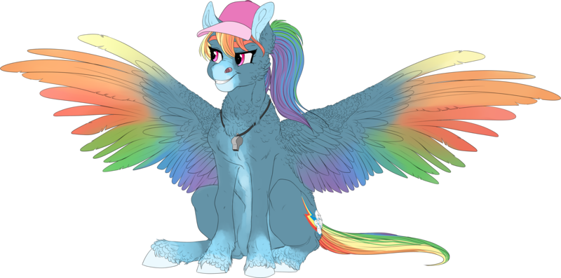 Size: 3961x1965 | Tagged: safe, artist:loladotz, derpibooru import, rainbow dash, pony, alternate design, backwards cutie mark, cap, colored wings, hat, multicolored wings, rainbow wings, solo, whistle, wings