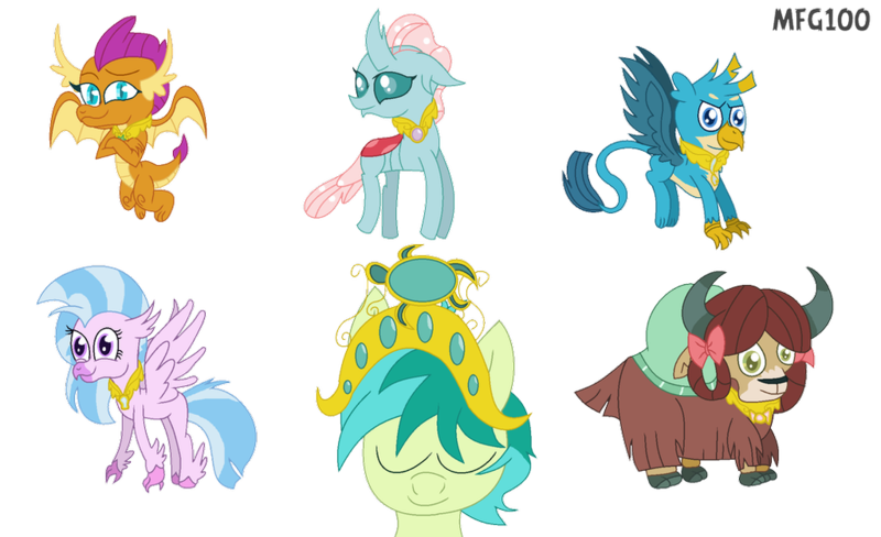 Size: 1024x624 | Tagged: safe, artist:mixelfangirl100, derpibooru import, gallus, ocellus, sandbar, silverstream, smolder, yona, changedling, changeling, classical hippogriff, dragon, earth pony, gryphon, hippogriff, pony, yak, alternate universe, crown, dragoness, element of generosity, element of honesty, element of kindness, element of laughter, element of loyalty, element of magic, elements of harmony, female, jewelry, necklace, prince sandbar, regalia, simple background, speedpaint, student six, transparent background, watermark