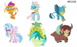 Size: 1024x624 | Tagged: safe, artist:mixelfangirl100, derpibooru import, gallus, ocellus, sandbar, silverstream, smolder, yona, changedling, changeling, classical hippogriff, dragon, earth pony, gryphon, hippogriff, pony, yak, alternate universe, crown, dragoness, element of generosity, element of honesty, element of kindness, element of laughter, element of loyalty, element of magic, elements of harmony, female, jewelry, necklace, prince sandbar, regalia, simple background, speedpaint, student six, transparent background, watermark