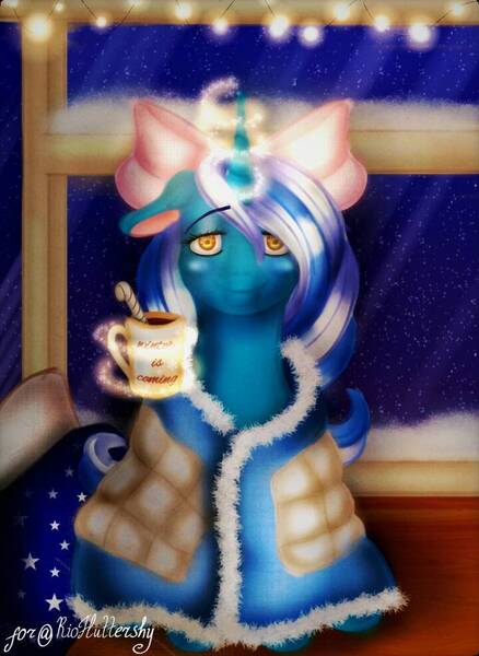 Size: 720x987 | Tagged: alicorn, alicorn oc, artist:galaxysultan, blanket, bow, candy, candy cane, cup, derpibooru import, ear down, fairy lights, female, food, hair bow, horn, mare, oc, oc:fleurbelle, safe, sitting, sky, smiling, stars, wings, yellow eyes