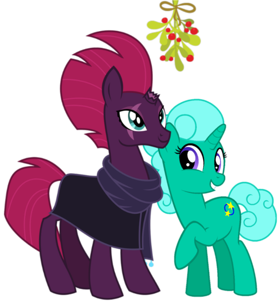 Size: 982x1064 | Tagged: safe, artist:jhayarr23, artist:sketchmcreations, artist:徐詩珮, derpibooru import, edit, vector edit, fizzlepop berrytwist, glitter drops, tempest shadow, unicorn, broken horn, christmas, cute, female, glitterbetes, glittershadow, holiday, horn, lesbian, mistleholly, shipping, simple background, tempestbetes, transparent background, vector