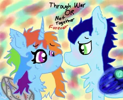 Size: 1013x827 | Tagged: safe, artist:kittycatrittycat, derpibooru import, rainbow dash, soarin', alicorn, pegasus, comic:soarin to the rainbow, alicornified, alternate timeline, blushing, cringe text, crystal war timeline, extra fur, female, male, metal wing, old picture, race swap, rainbowcorn, scar, shipping, soarindash, straight, text, torn ear