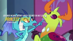 Size: 720x405 | Tagged: changedling, changeling, derpibooru import, dragon, duo, edit, edited screencap, king thorax, lip bite, overwatch, pointing, princess ember, safe, school daze, screencap, thorax